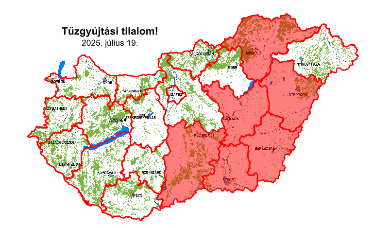 Aktuális tűzgyújtási tilalom térkép (2025.07.19)